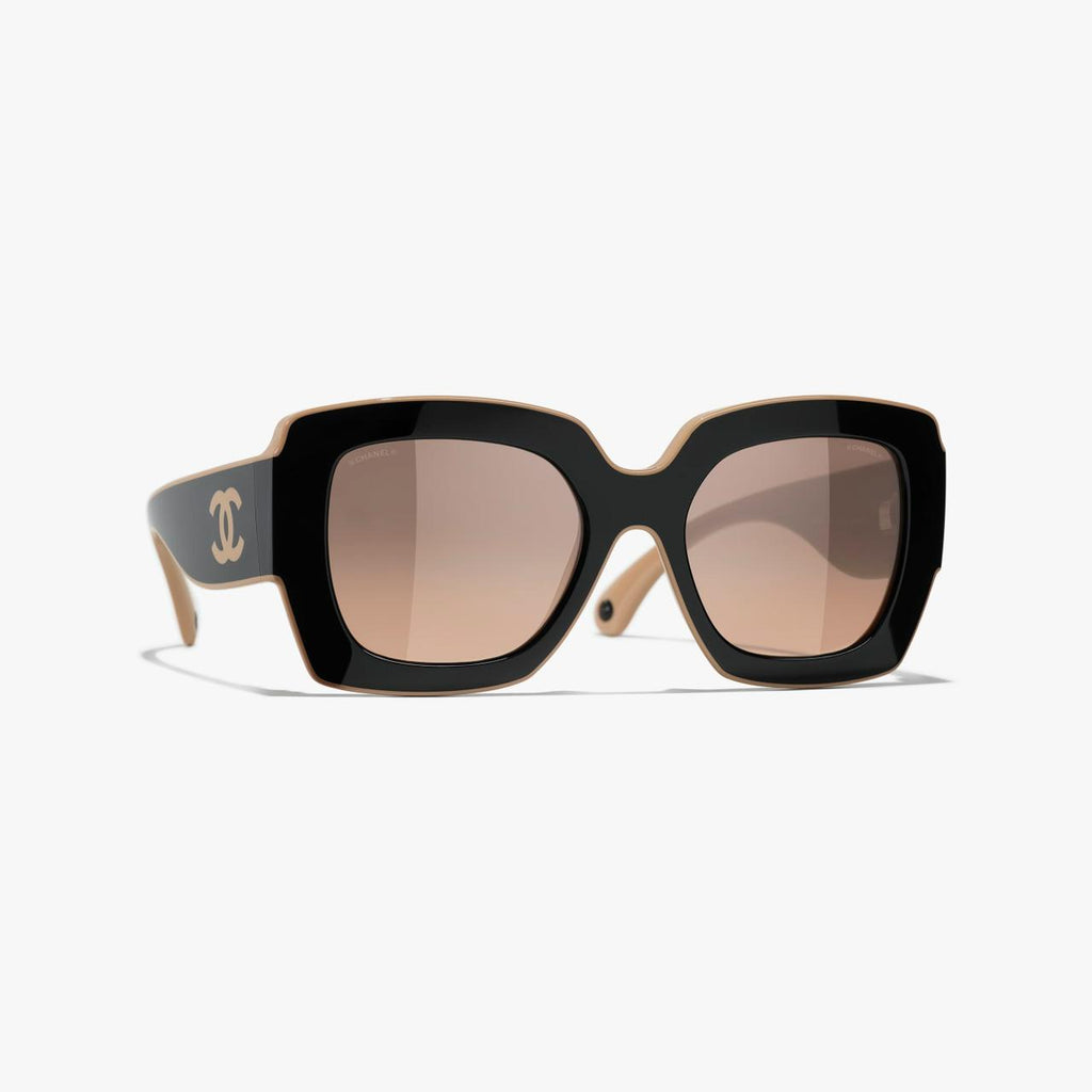 Chan*l Square Sunglasses — Black & Beige