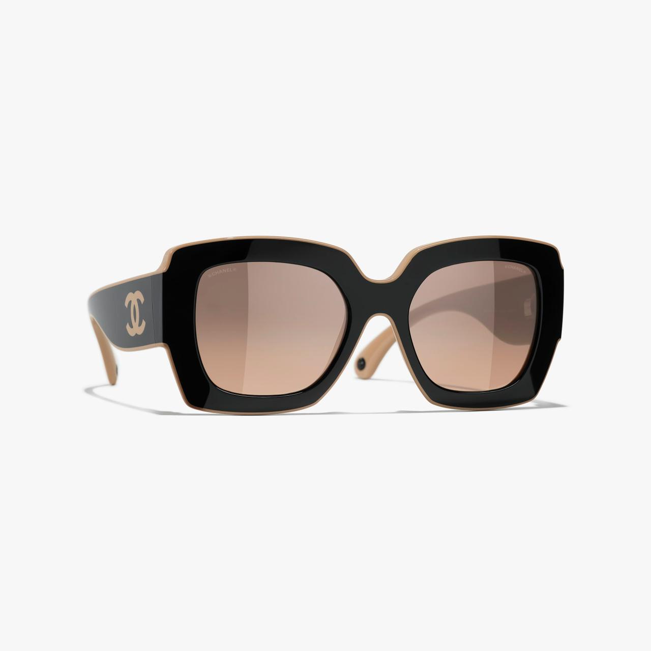 Chan*l Square Sunglasses — Black & Beige
