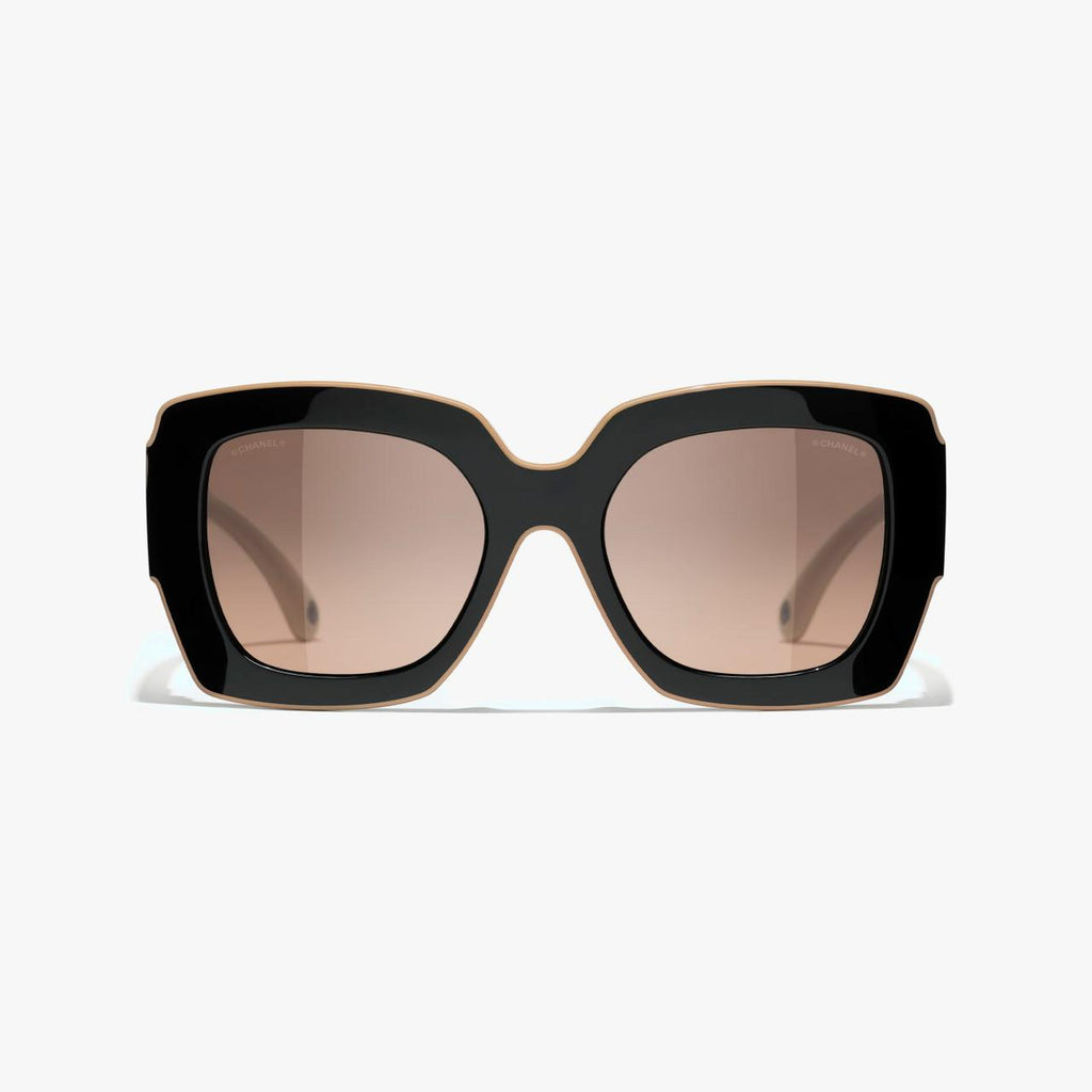 Chan*l Square Sunglasses — Black & Beige