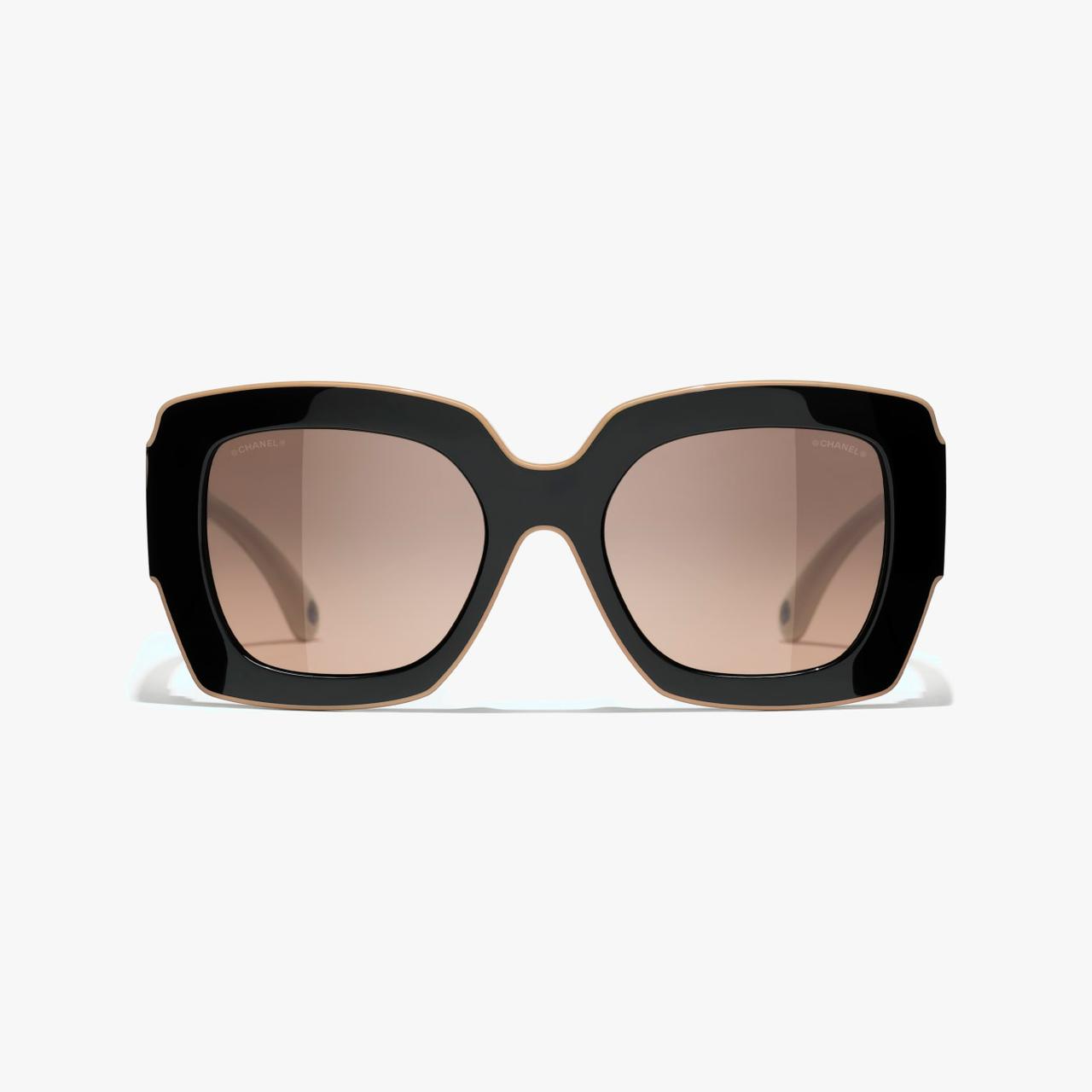 Chan*l Square Sunglasses — Black & Beige
