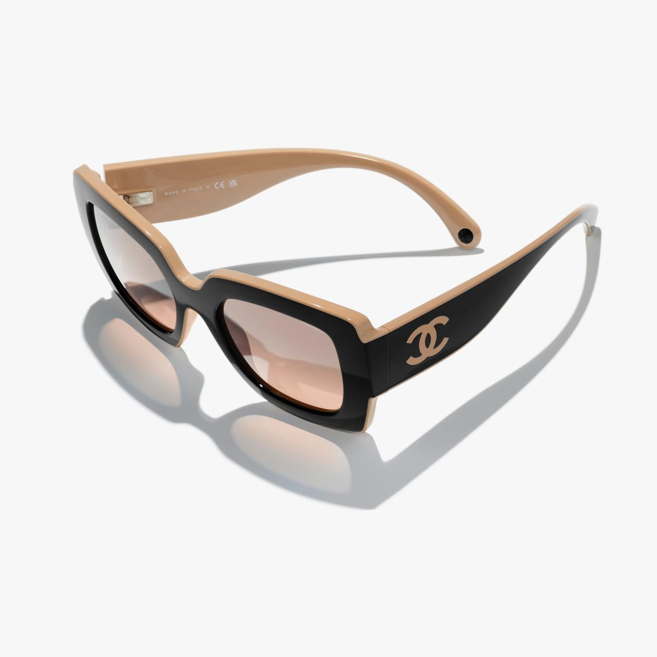 Chan*l Square Sunglasses — Black & Beige