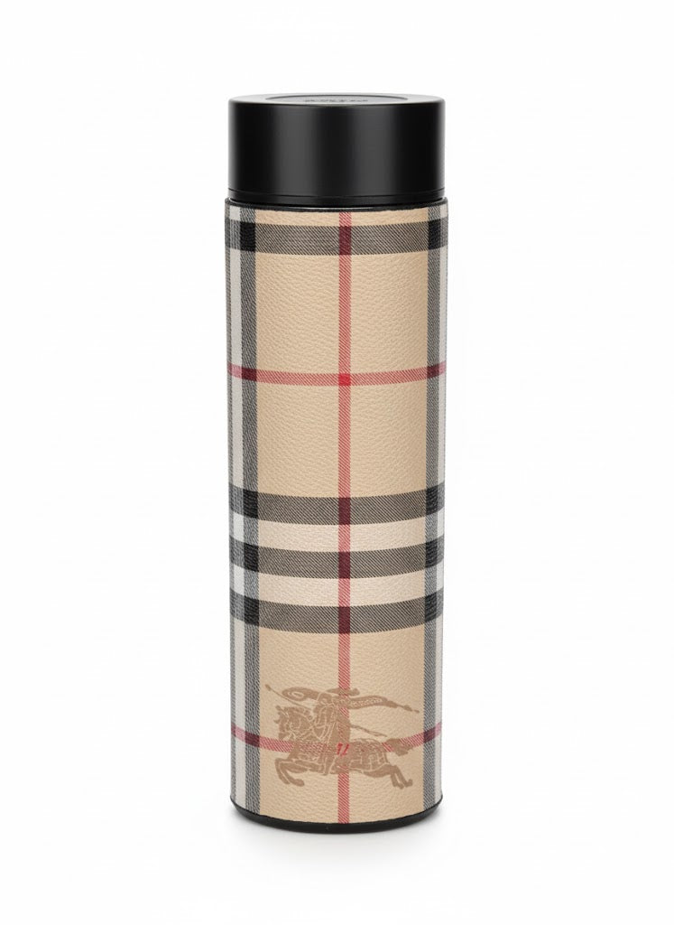 Bur*erry-Style Checkered Smart Tumbler – Luxury Insulated Stainless Steel Bottle with Temperature Display Lid